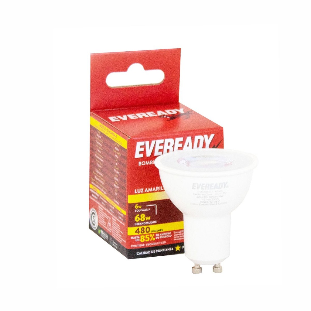 LAMPARA LED EVEREADY EV6U480A-A GU10 6W LUZ AMARILLA