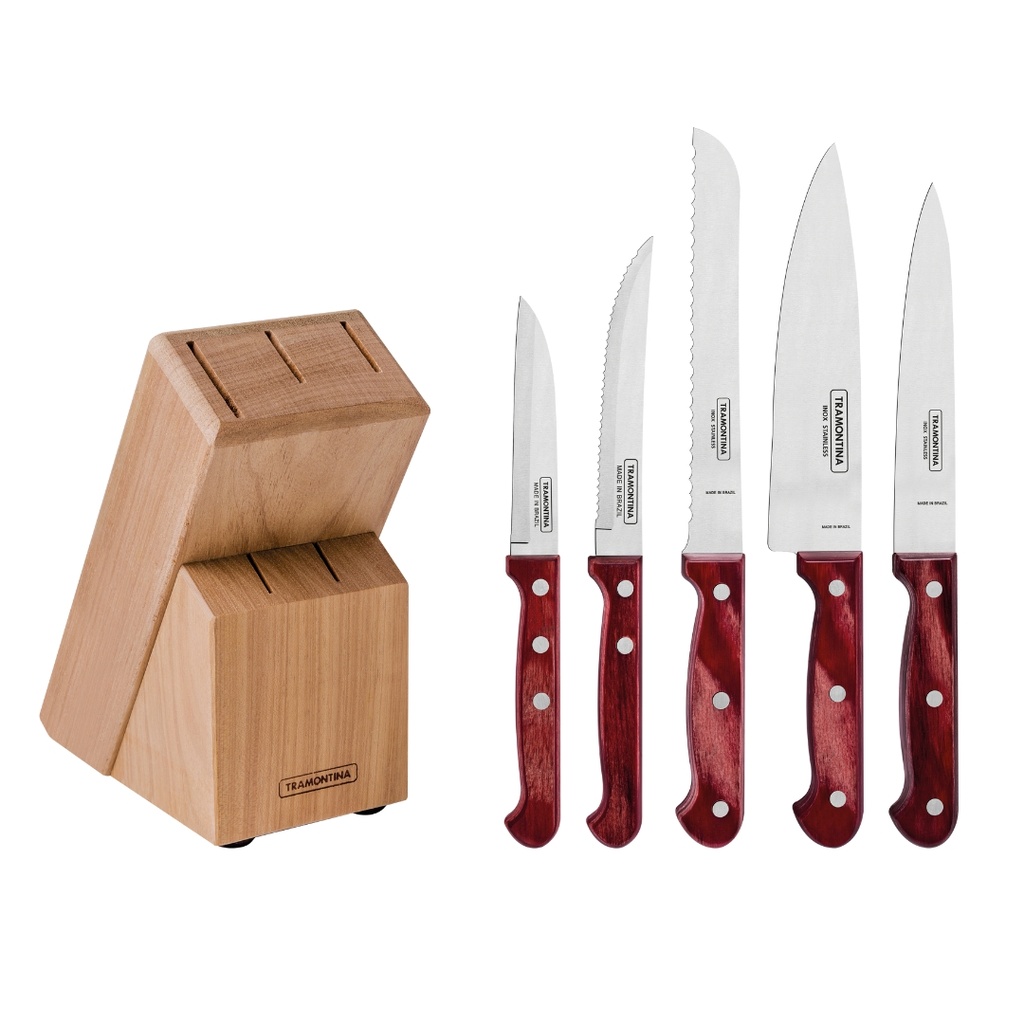 JUEGO DE CUCHILLOS TRAMONTINA 21199/783 POLYWOOD 6PZS CON TACO MADERA ROJO